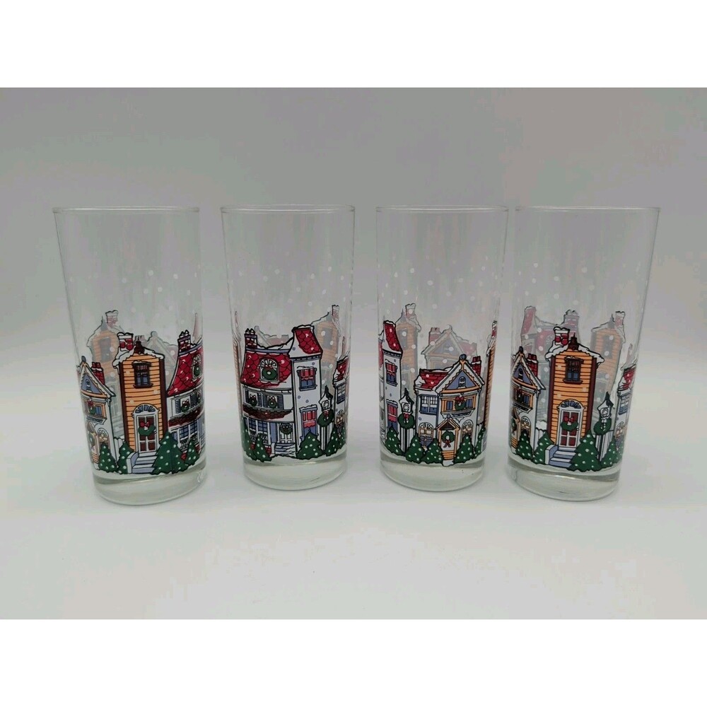 Vtg Luminarc D'Arques Dublin Christmas Village Highball Glasses Set of 4 Snowy